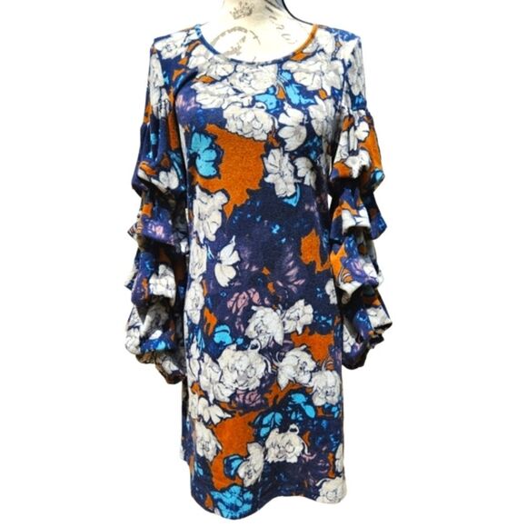 Papillon -1016 Floral Dress Ruched Tiered Long Sleeves‎ Extra Small - Picture 1 of 6